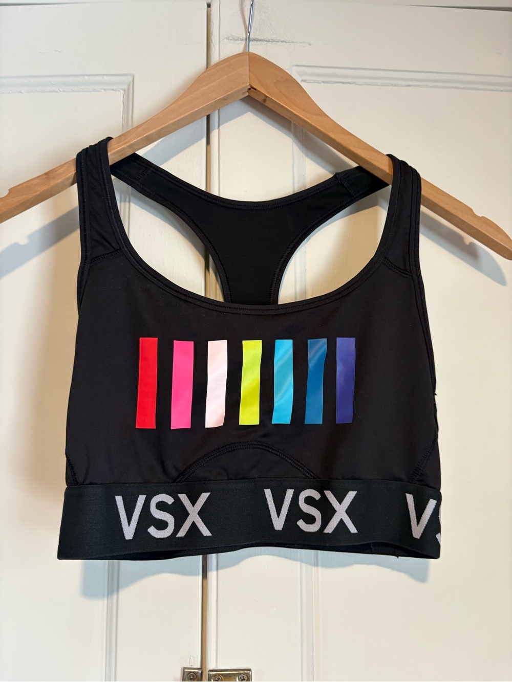 VSX Black Sports Bra with Multicolor Stripe Accents
